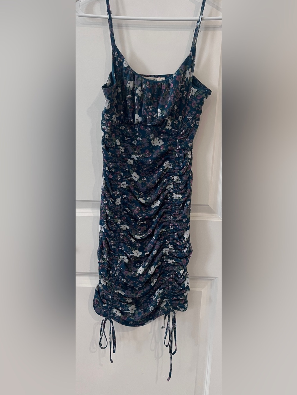 Live To Be Spoiled Teal Floral Ruched Bodycon Mini Dress Mesh Cinch Hem Large L